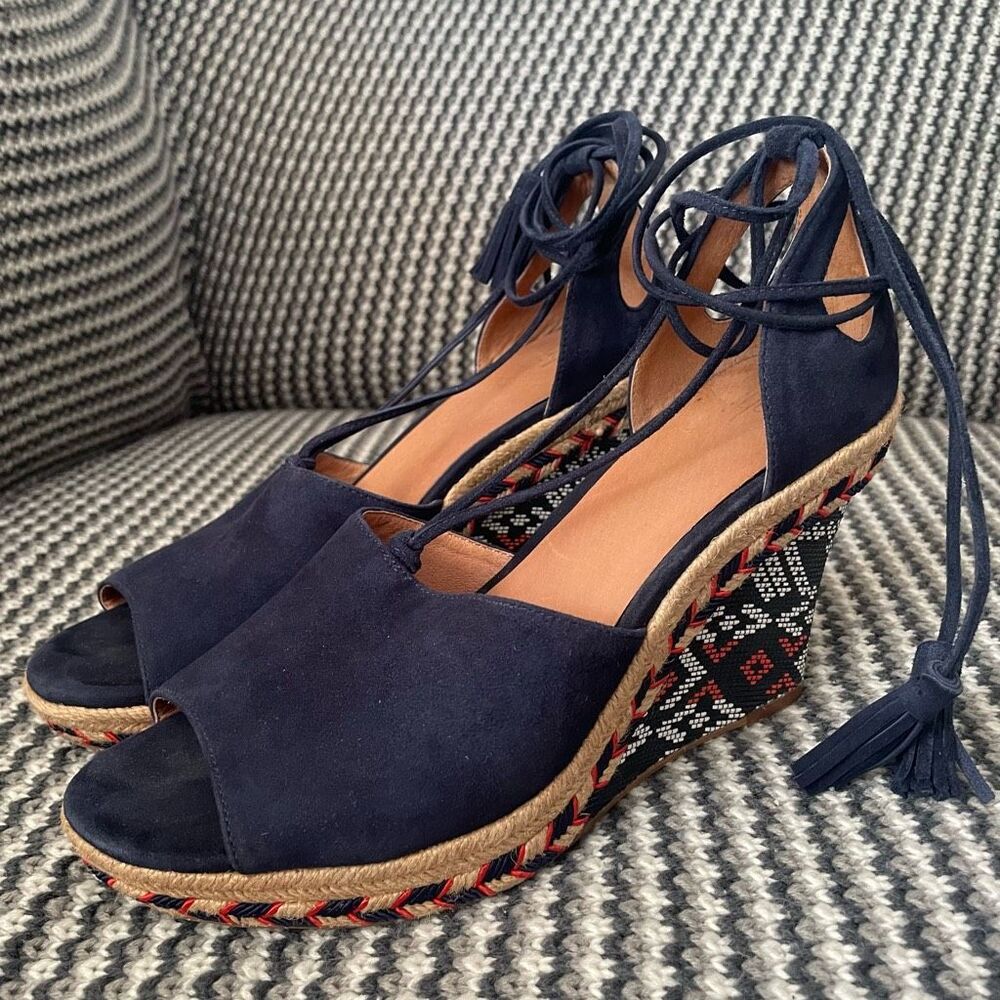 Cabi Isla wedge blue suede Aztec ankle tie up sandal women’s shoe size 9 - Picture 5 of 11